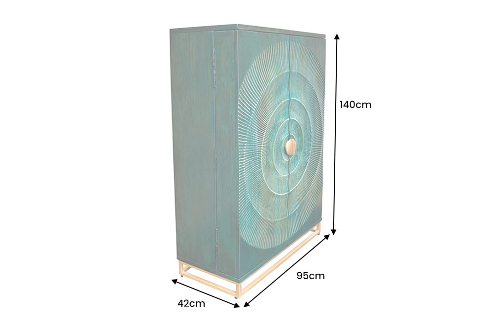 Handgearbeiteter Barschrank GOLDEN SUNSET 140cm türkis Mangoholz massiv