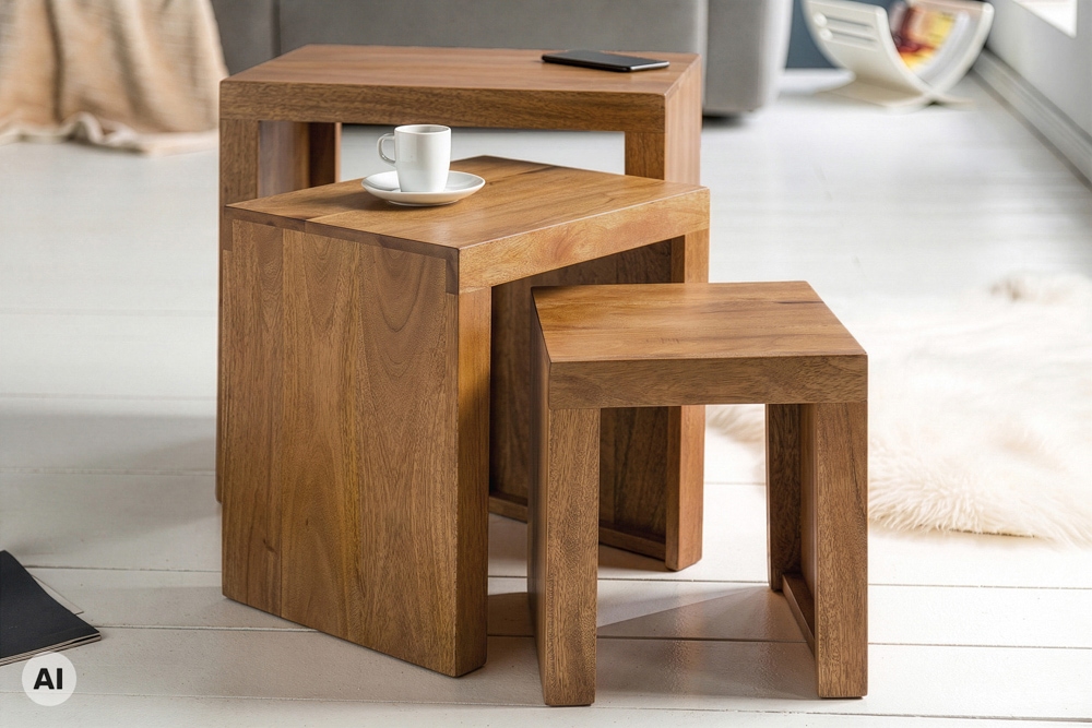 Massives 3er-Set Beistelltische MAKASSAR 45cm natur honey finish Mangoholz