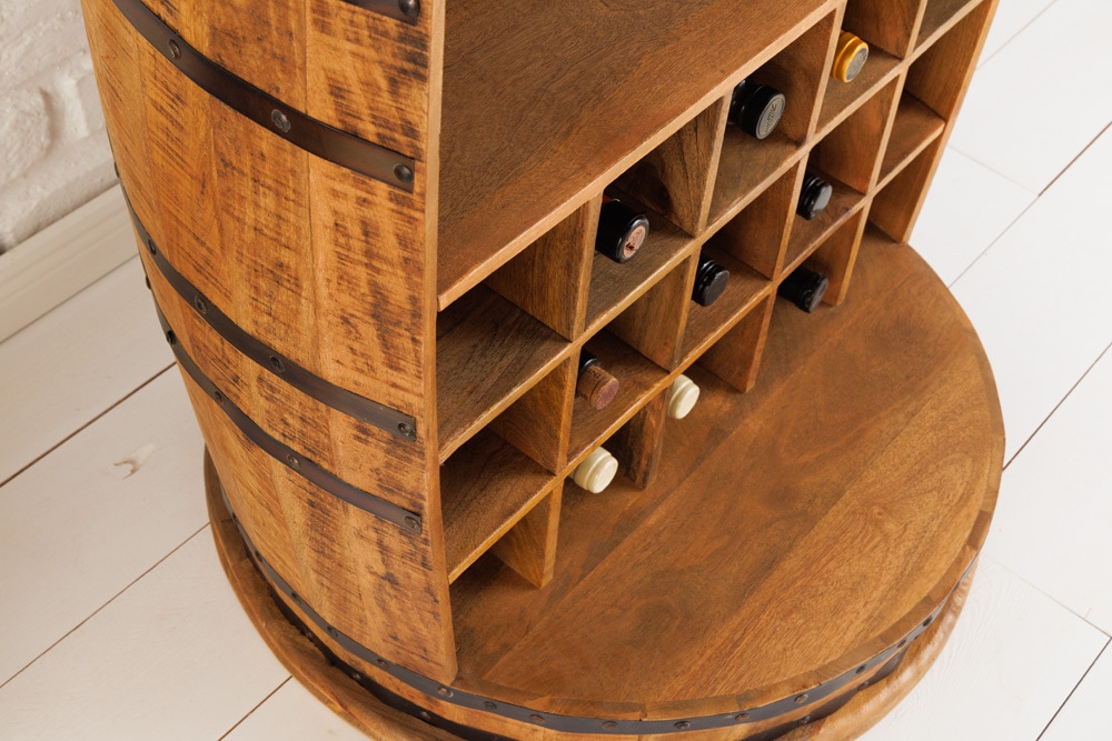 Vintage Weinregal BODEGA 90cm natur Mangoholz Barschrank Fass für 15 Flaschen