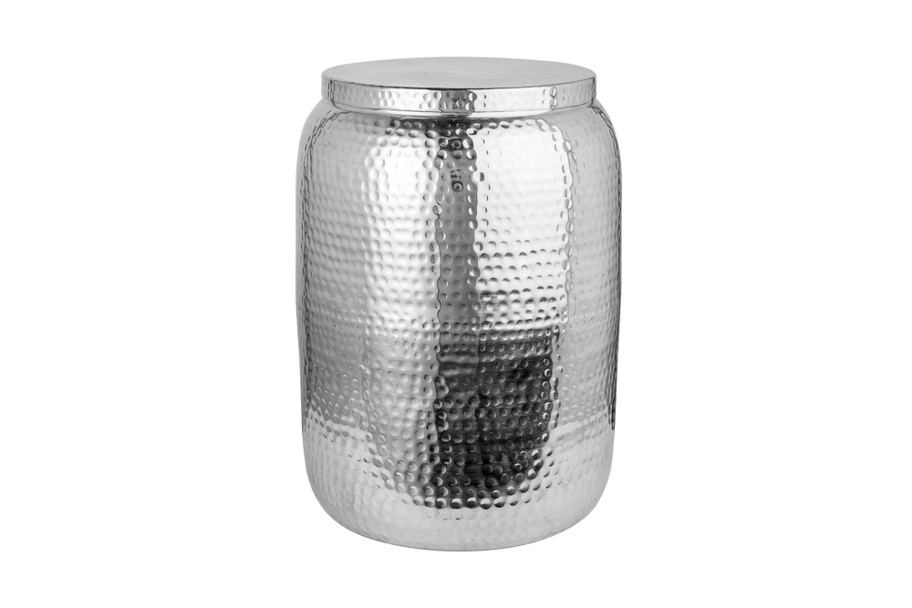 Handgefertigter Beistelltisch ORIENT STORAGE 50cm silber Hammerschlag Design mit Stauraum rund
