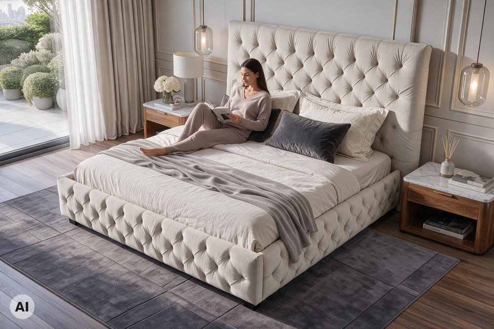 Design Boxbett PARIS 180x200cm beige Leinen Chesterfield Doppelbett
