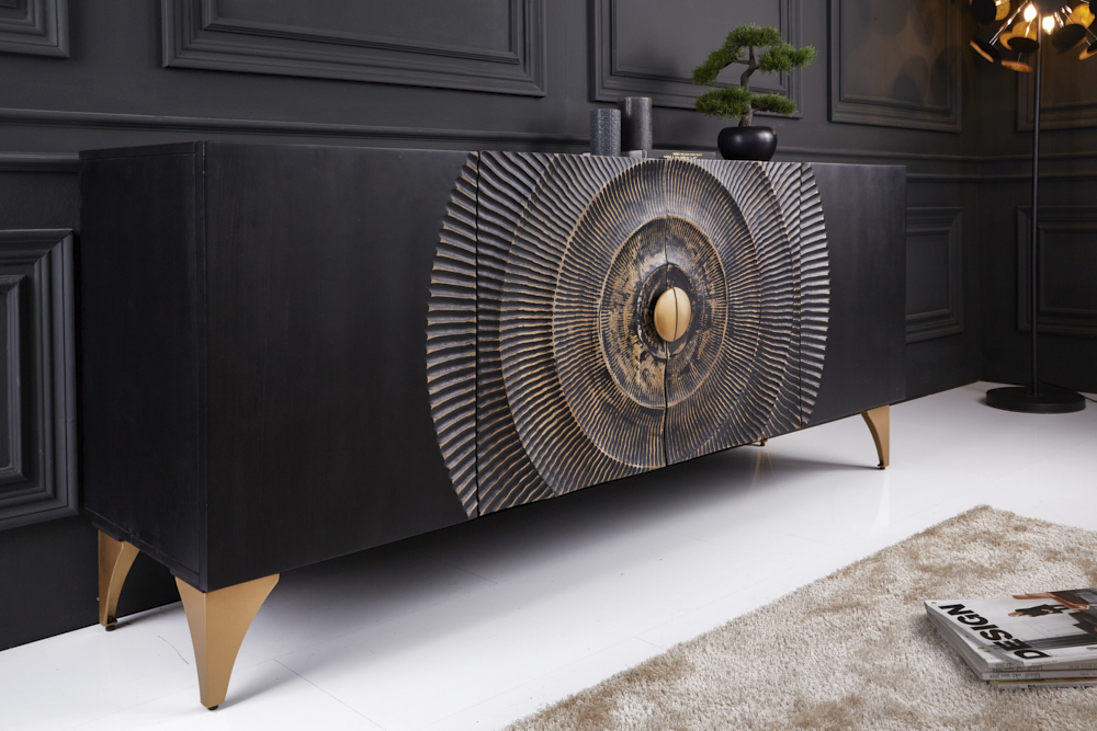 Handgearbeitetes Sideboard GOLDEN SUNSET 180cm schwarz mit 3D Schnitzereien gold Mangoholz Metallbeine