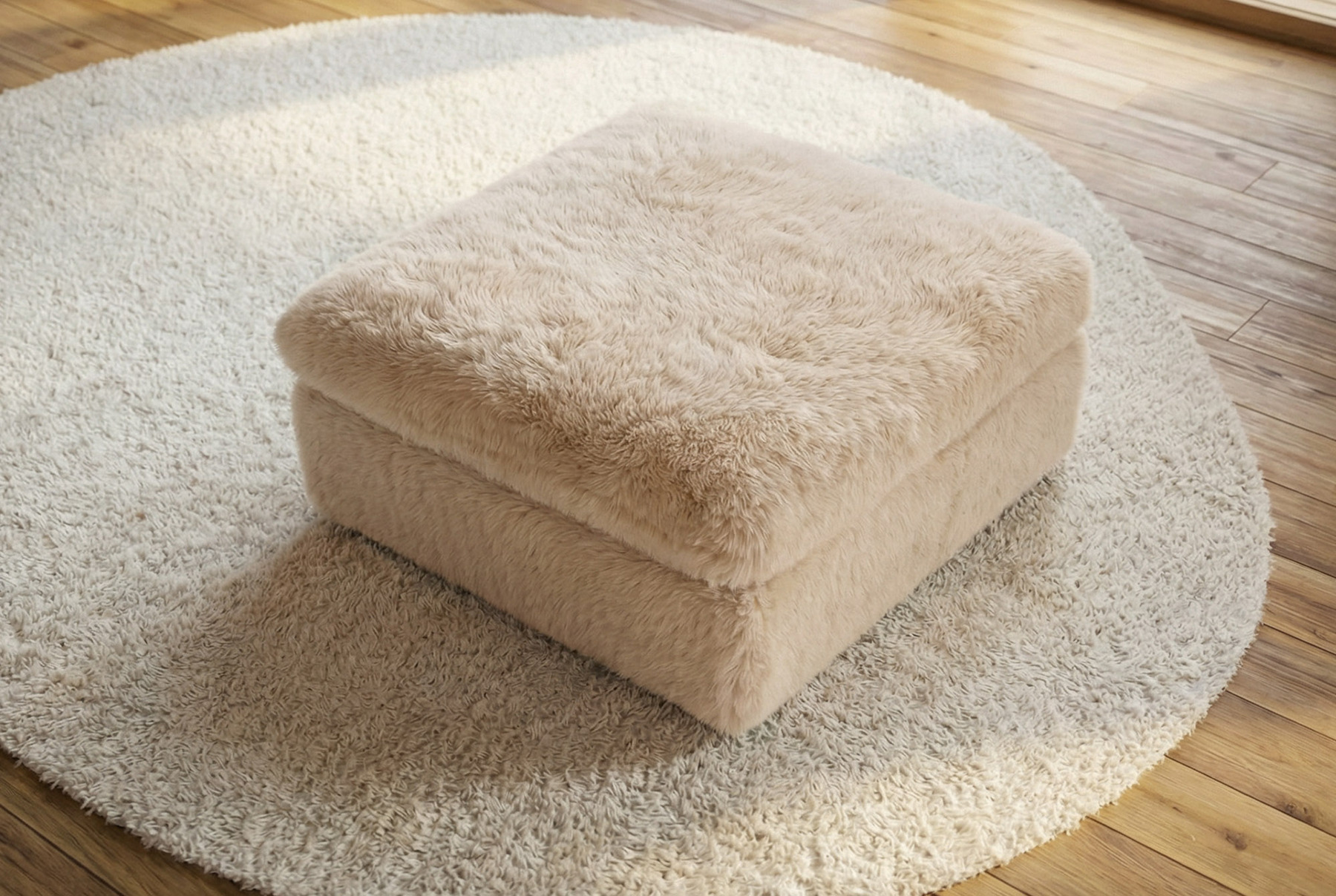 Großer Sitzhocker YETI 100cm beige sand Shaggy-Stoff langfloriger Plüsch Sofahocker