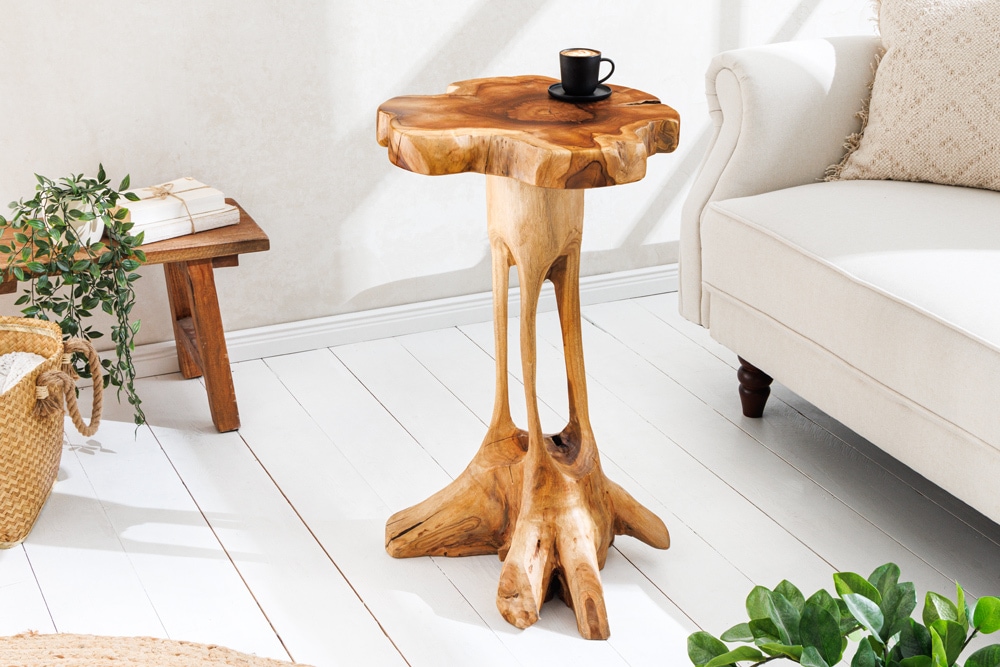 Massivholz Beistelltisch ROOT 70cm natur Teak aus Wurzelholz im Stelzen-Design