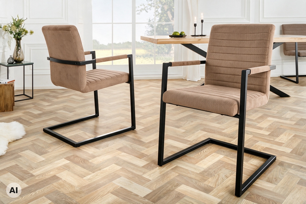 Industrial Freischwinger LOFT taupe Cord schwarz Eisen mit Armlehne
