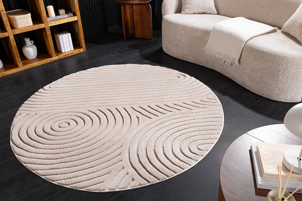 Runder 3D strukturierter Kurzflor Teppich ART DECO 150cm beige creme Hoch-Tief-Effekt » Jetzt kaufen