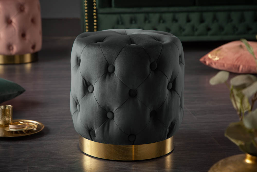 Design Hocker MODERN BAROCK 40cm schwarz gold Samt Chesterfield