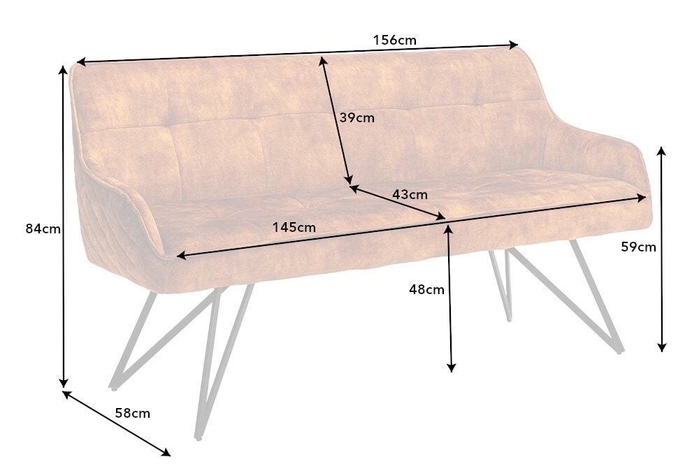 Design Sitzbank EUPHORIA 160cm senfgelb Samt Retrostil Ziersteppung Hairpin Legs Metallbeine Armlehnen