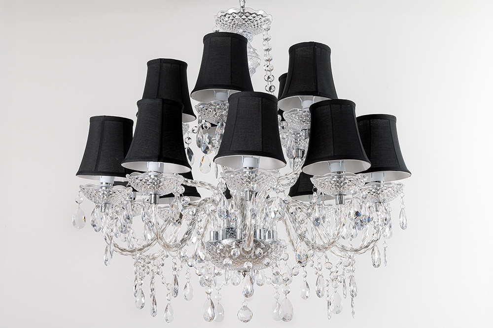 Design Kronleuchter CRYSTAL XL 80cm klar Acryl 15-armig Lüster schwarz mit Schirmen