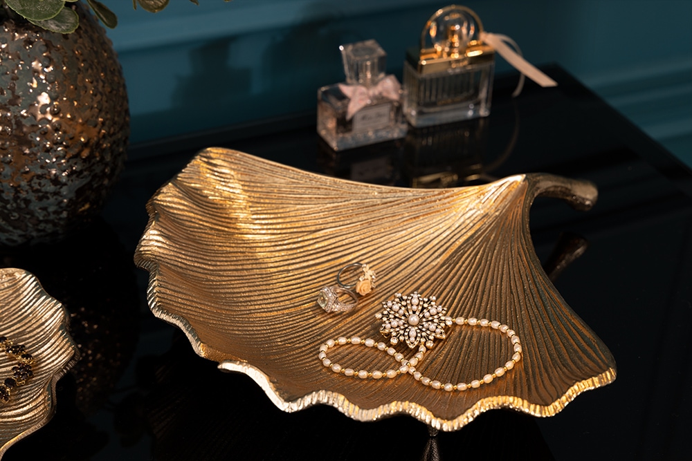 Dekorative Schale GINKGO 35cm gold handmade Metall