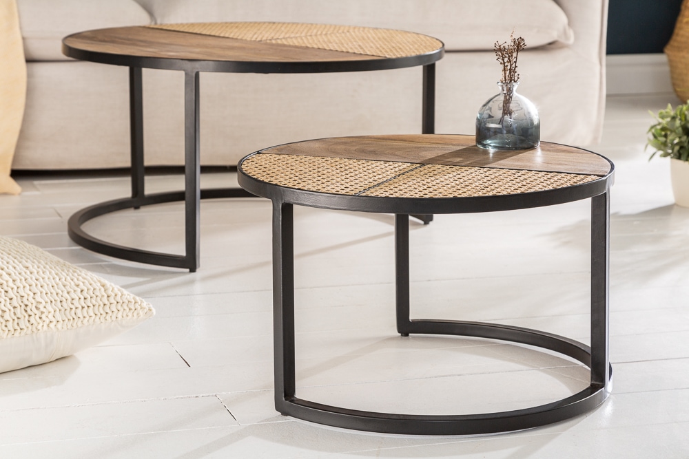 2er Set Couchtisch VIENNA LOUNGE 70cm rund Mangoholz massiv Wiener Geflecht Metall schwarz