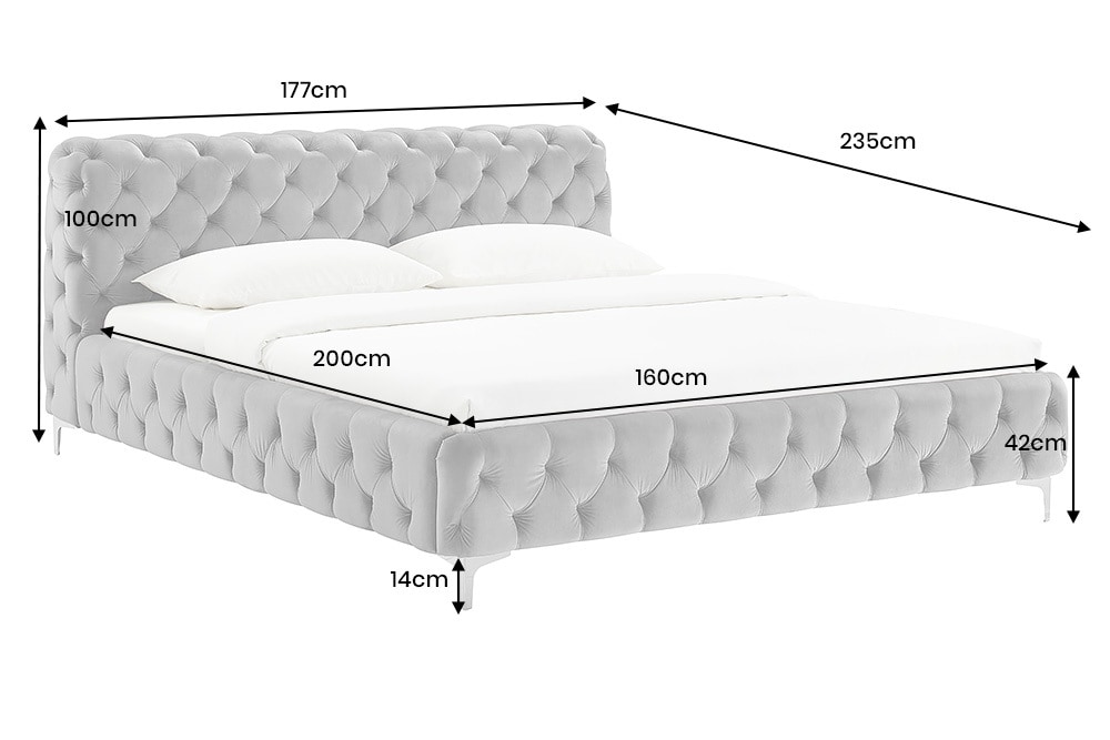 Design Bett MODERN BAROCK 160x200cm grau Samt Chesterfield Doppelbett