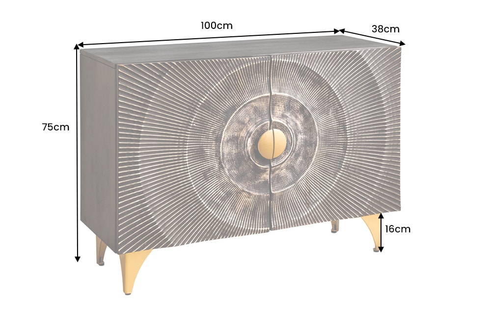 Massives Sideboard GOLDEN SUNSET 100cm schwarz Mangoholz 3D Schnitzerei gold Metall