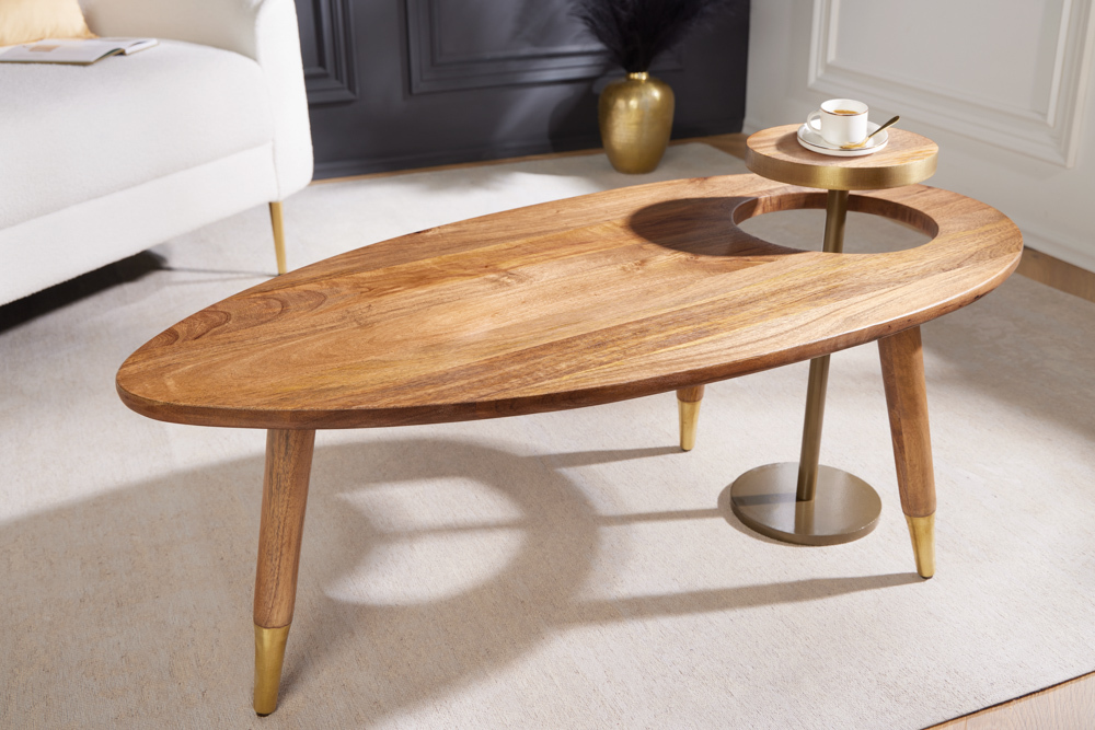 Massivholz Couchtisch GATSBY 110cm braun gold Mango oval rund Beistelltisch 2er Set Retro Design