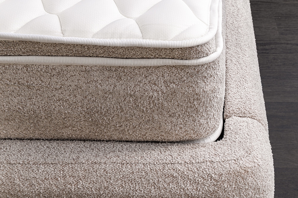 Modernes Boxbett ART DECO 180x200cm greige Bouclé mit Stauraum Matratze und Topper