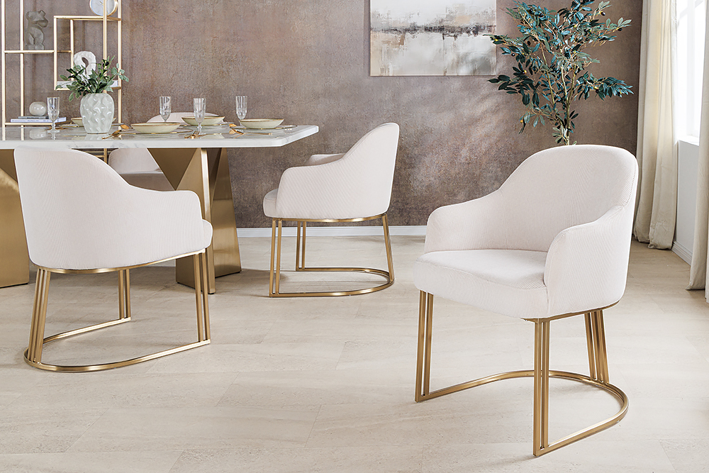 Armlehnen Stuhl EXTRAVAGANCIA beige Cord Metall brushed champagner gold » Jetzt kaufen