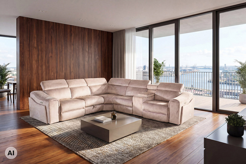 Multifunktionales Ecksofa PRIME 300cm beige Vogue Seiden Samtstoff Relaxfunktion