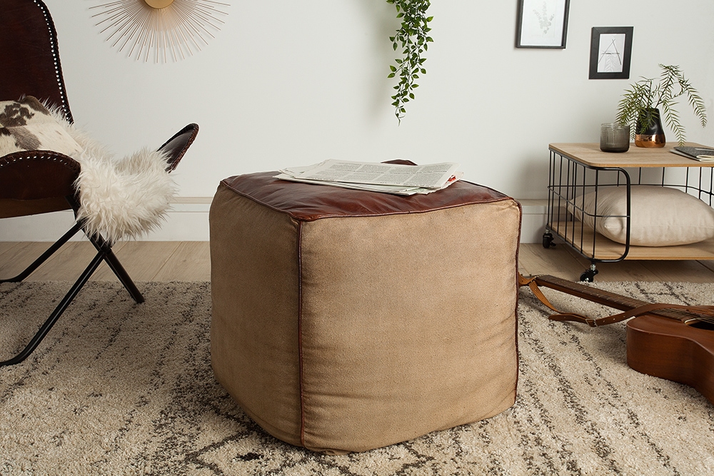 Retro Sitzpouf MUSTANG 45cm Lederbezug mit Leinen Sitzwürfel