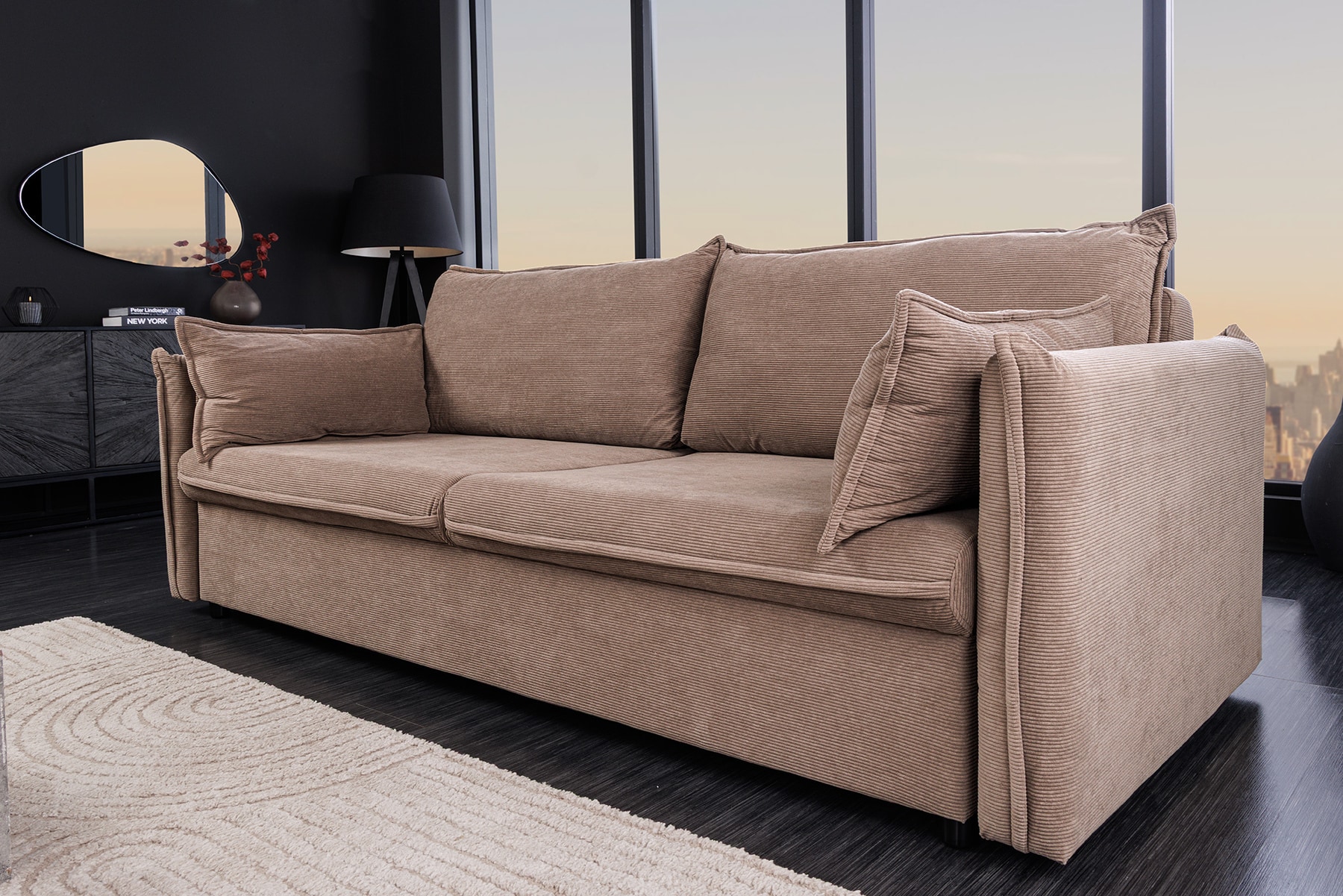 XXL Sofa mit Schlaffunktion APARTMENT  taupe Cord inkl. Bettkasten und Kissen