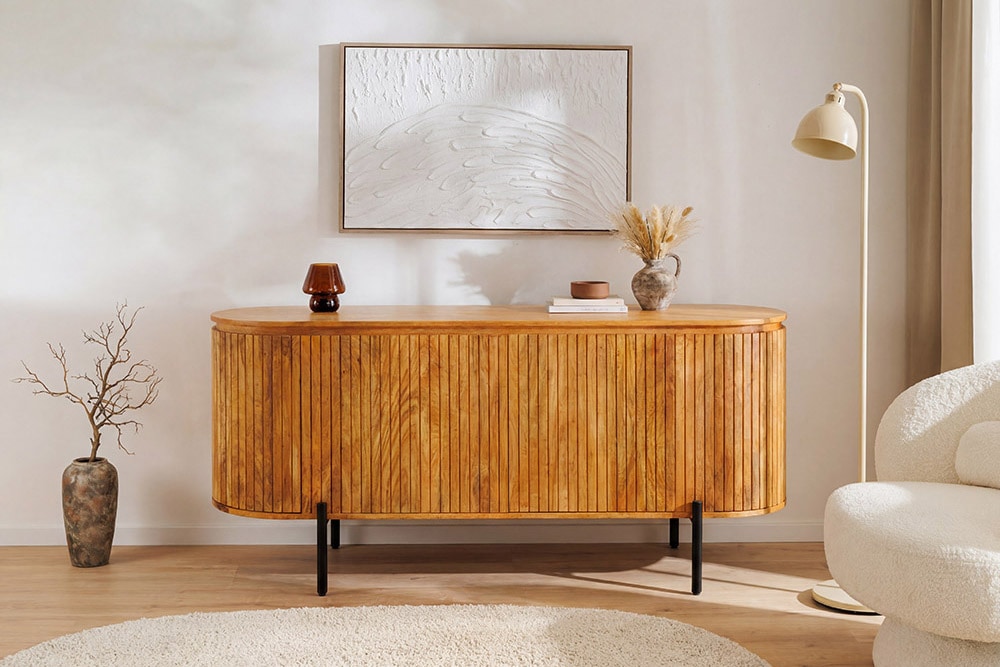Massives Sideboard GATSBY 160cm natur Mangoholz schwarz Metall mit Lamellenfront
