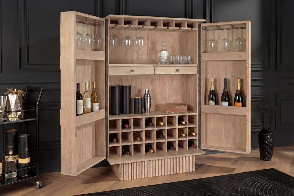 Massiver Barschrank ART DECO 140cm weiß gekälkt Mangoholz 3D-Front Highboard