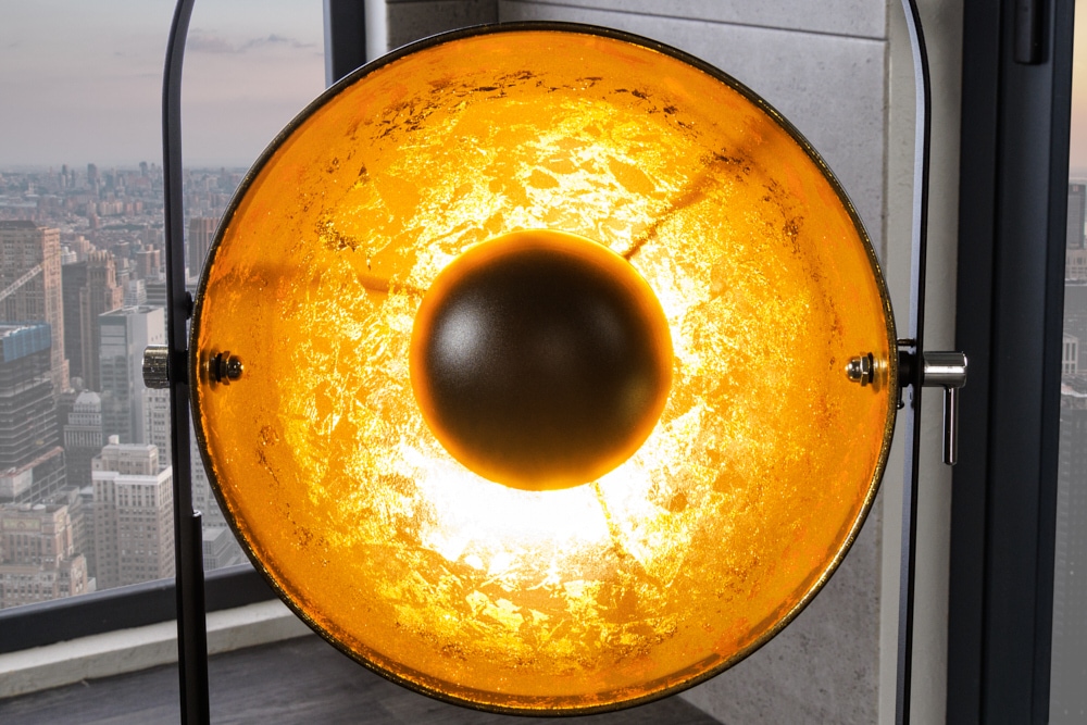 Industrial Stehlampe STUDIO 130cm schwarz Blattgold-Optik 3 neigbare Schirme