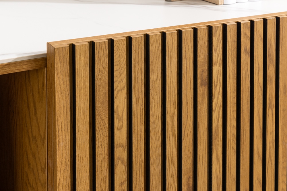 Design Sideboard VICENZA 180cm weiß Keramik natur Eiche Lamellenfront
