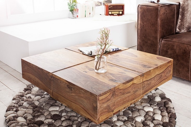 Design Massivholz Couchtisch BOLT 70cm braun Sheesham stone finish Handarbeit