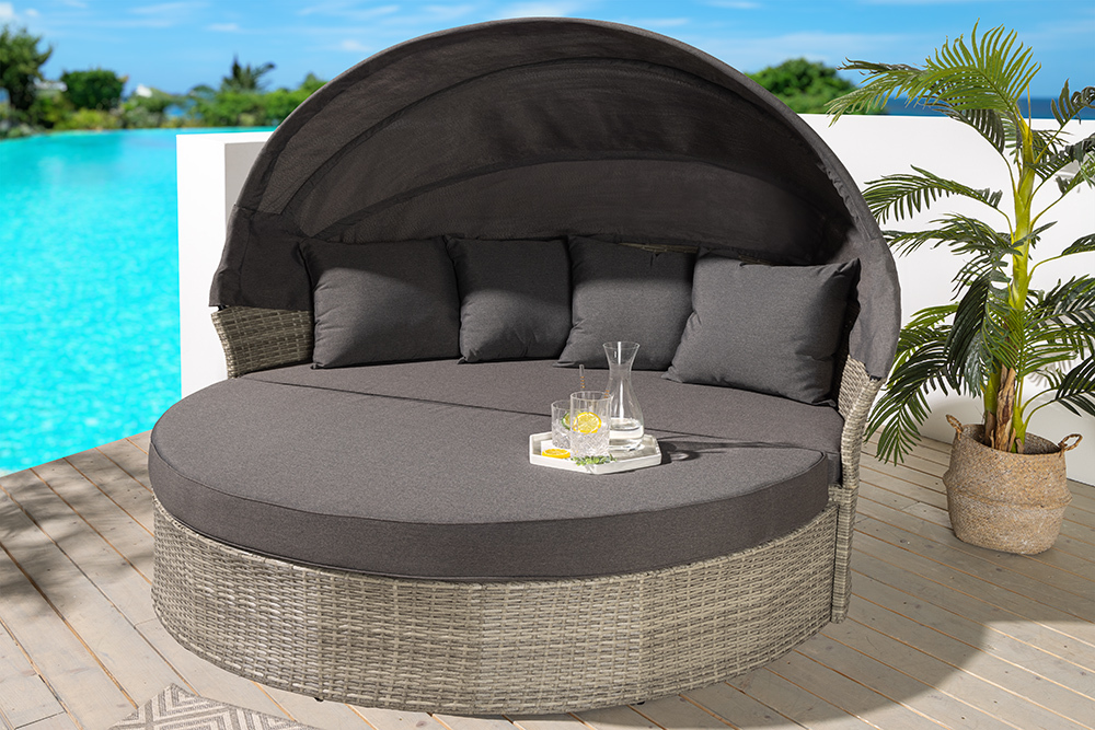 Outdoor Sonneninsel PLAYA LIVING 165cm hellgrau Polyrattan Aluminium inklusive Kissen wetterfest