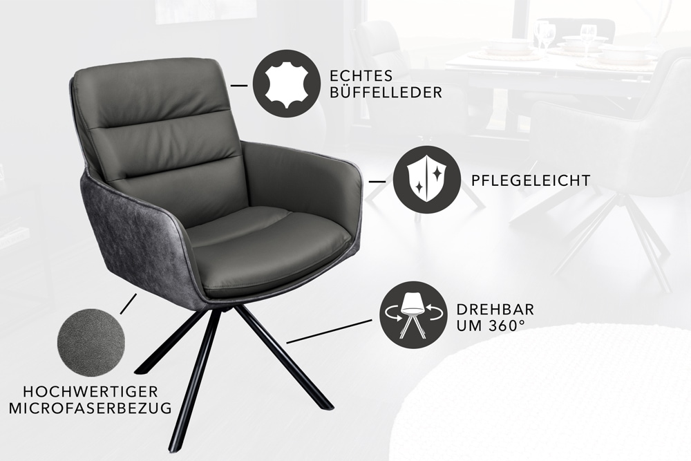 Drehbarer Stuhl BIG GEORGE grau Echtleder Microfaser mit Armlehne schwarze Metallbeine