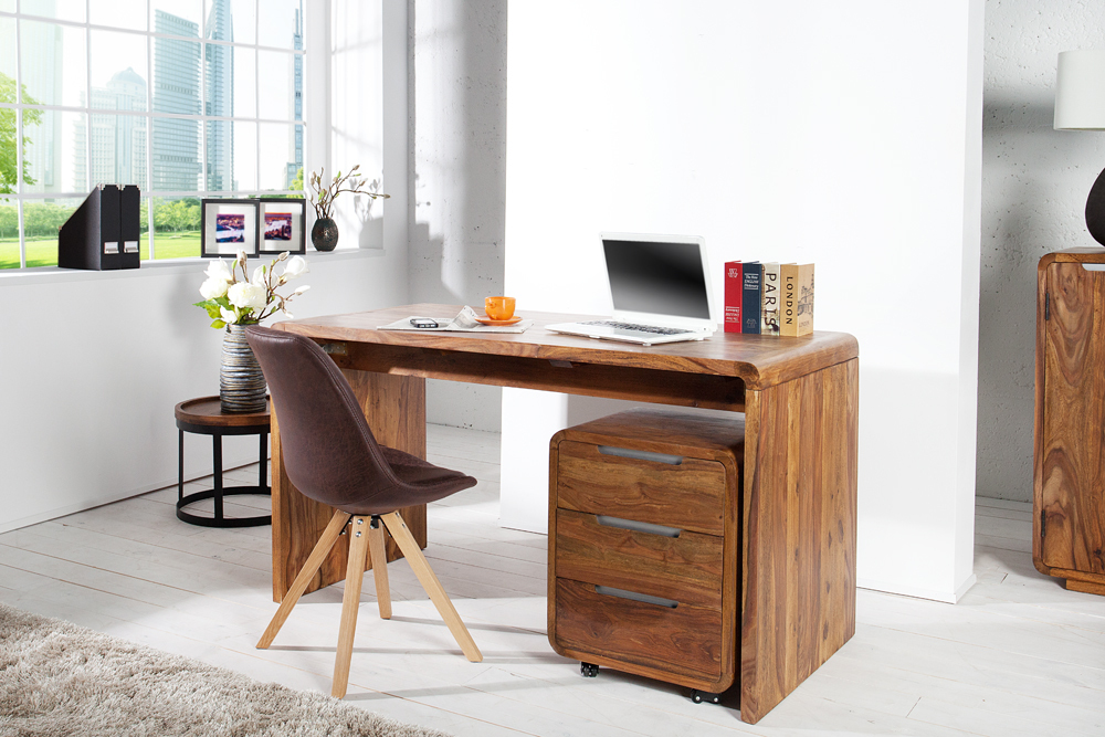 Massivholz Bürotisch CUBUS 120cm braun Sheeshamholz stone finish Schreibtisch