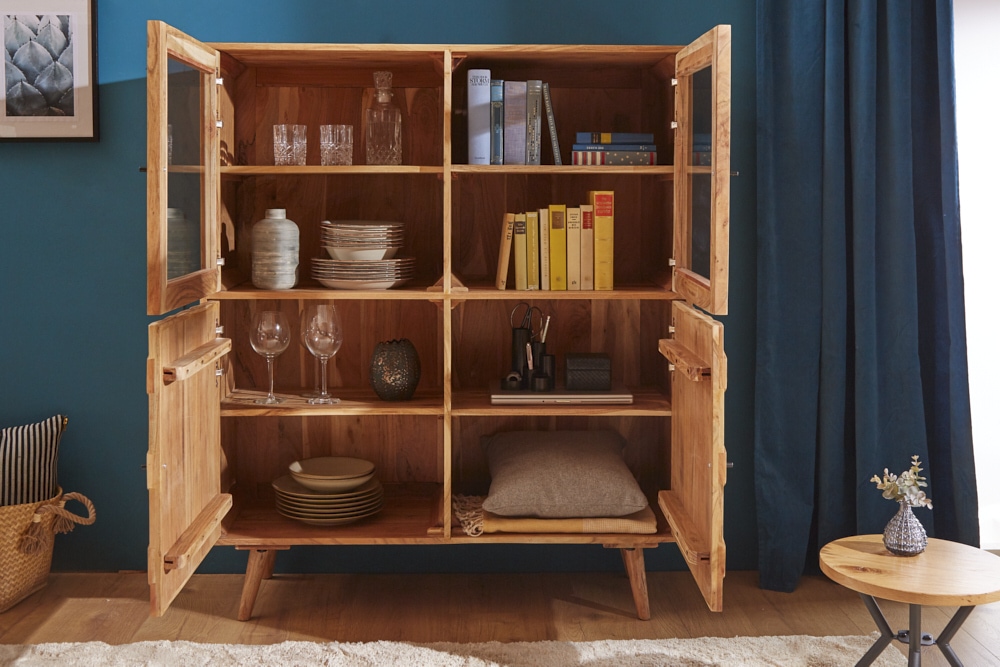 Massivholz Highboard MYSTIC LIVING 140cm Akazie natur Vitrine 3D-Oberfläche
