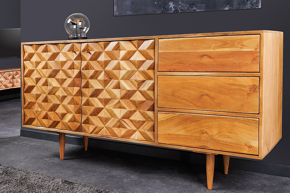 Massivholz Sideboard ALPINE 145cm Akazie honey finish Kommode mit Schubladen Retro Design