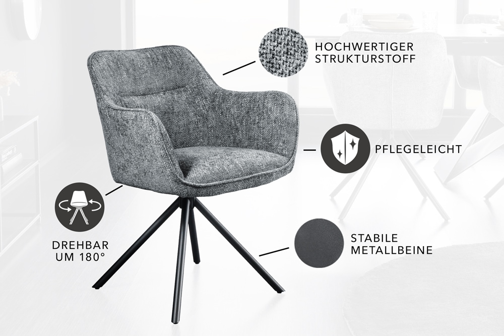 Drehbarer Stuhl VERONA grau Strukturstoff mit Armlehne Metallbeine schwarz