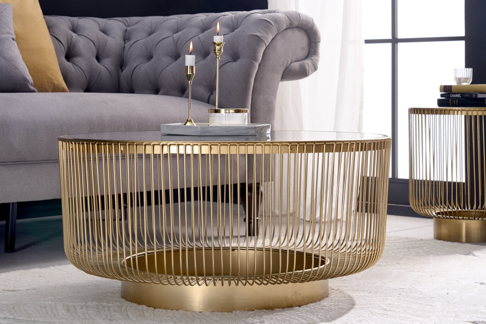 Runder Couchtisch VARIATION 80cm gold Metallgestell Schwarzglas Handarbeit