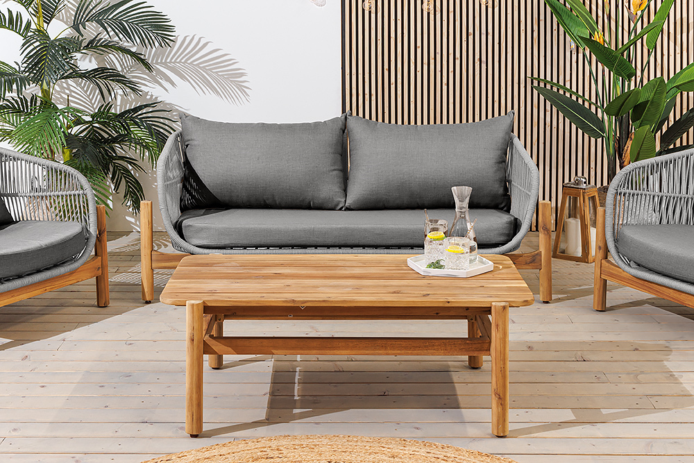 Wetterfestes Gartenlounge Set ROPE grau natur Akazienholz Aluminium inkl. Tisch Sitzpolster