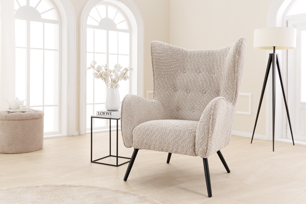 Design XL Sessel AMSTERDAM greige Bouclé schwarze Metallbeine Retro Stil » Jetzt kaufen