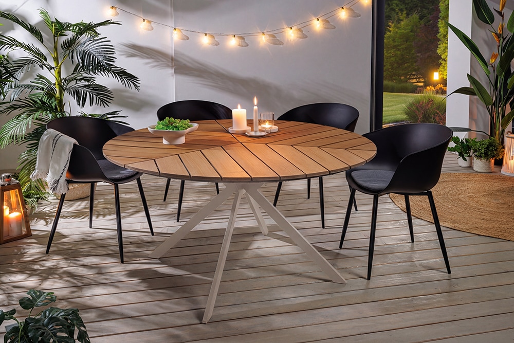 Runder Gartentisch DESIGNO 120cm natur Holz-Design greige Metall In- und Outdoor