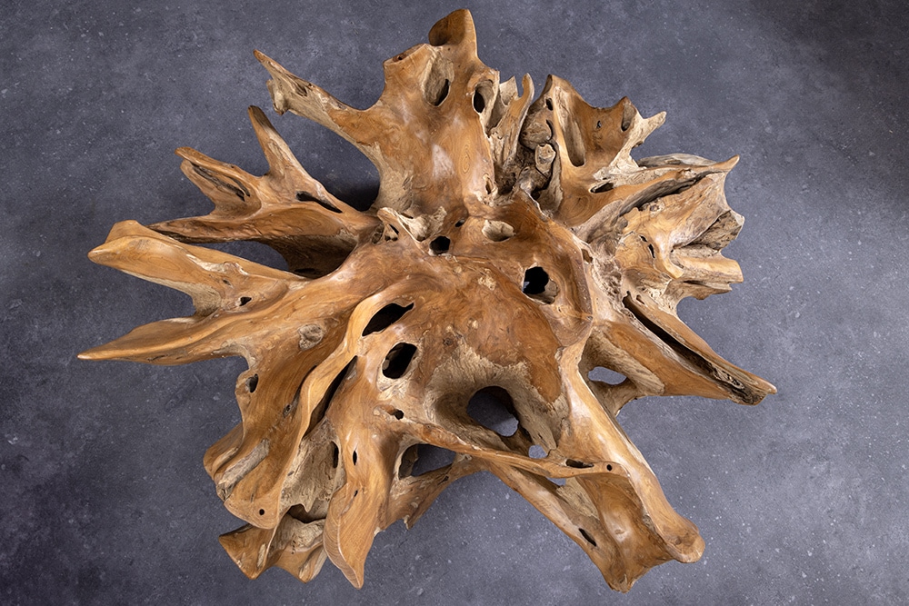 Runder Couchtisch ROOT 100cm natur Teak Massivholz aus Wurzelholz mit Glasplatte
