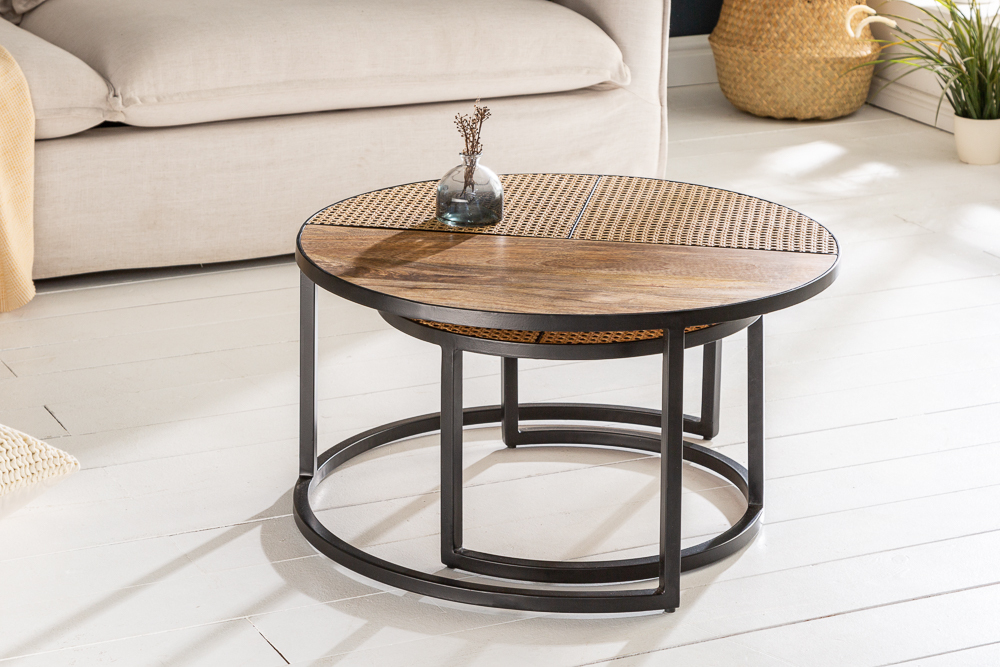 2er Set Couchtisch VIENNA LOUNGE 70cm rund Mangoholz massiv Wiener Geflecht Metall schwarz