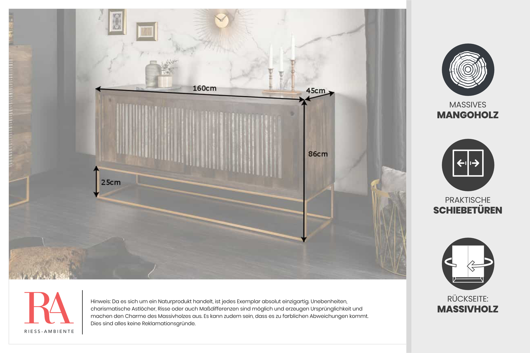 Massives Sideboard ONYX 160cm dunkelbraun gold Mangoholz Edelstein Achat Schiebetüren