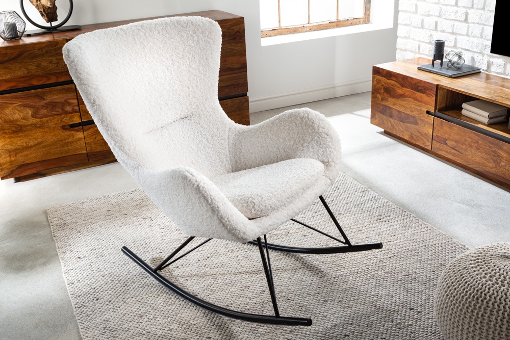 Design Schaukelstuhl SCANDINAVIA SWING weiß Bouclé Sessel schwarz Metall