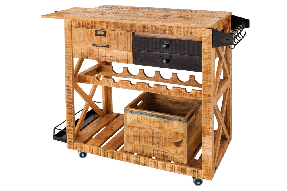 Industrial Barschrank BODEGA 86cm Mangoholz Servierwagen mit Weinregal und Aufhängung