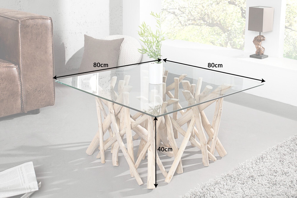 Design Teakholz Couchtisch DRIFTWOOD 80cm mit Glasplatte eckig