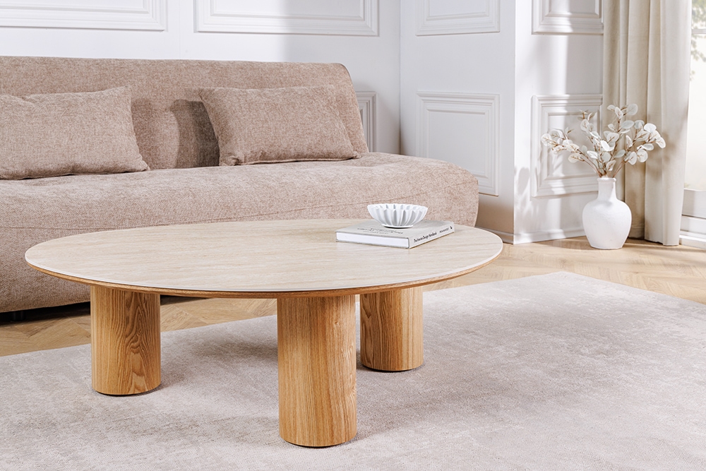 Stilvoller Couchtisch ORGANIKO 110cm natur Eiche Travertin Keramik