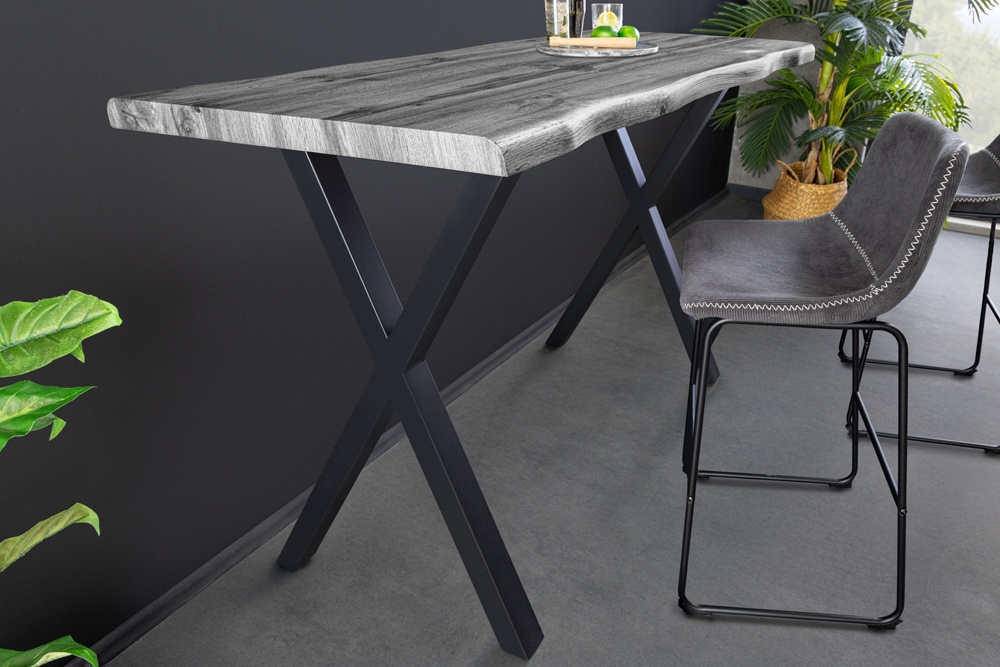 Industrial Bartisch WILD 120cm grau Wildeichen-Design schwarz Metall X-Gestell