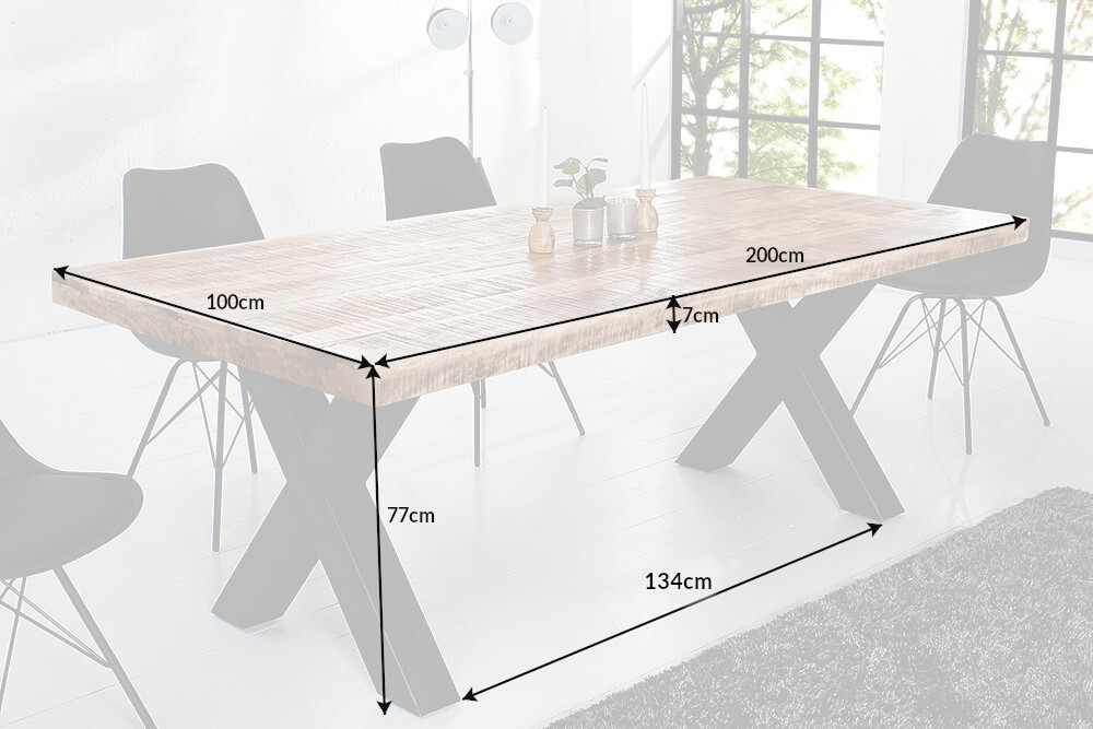 Massiver Esstisch IRON CRAFT 200cm natur Mangoholz Industrial Design X-Gestell schwarz Metall
