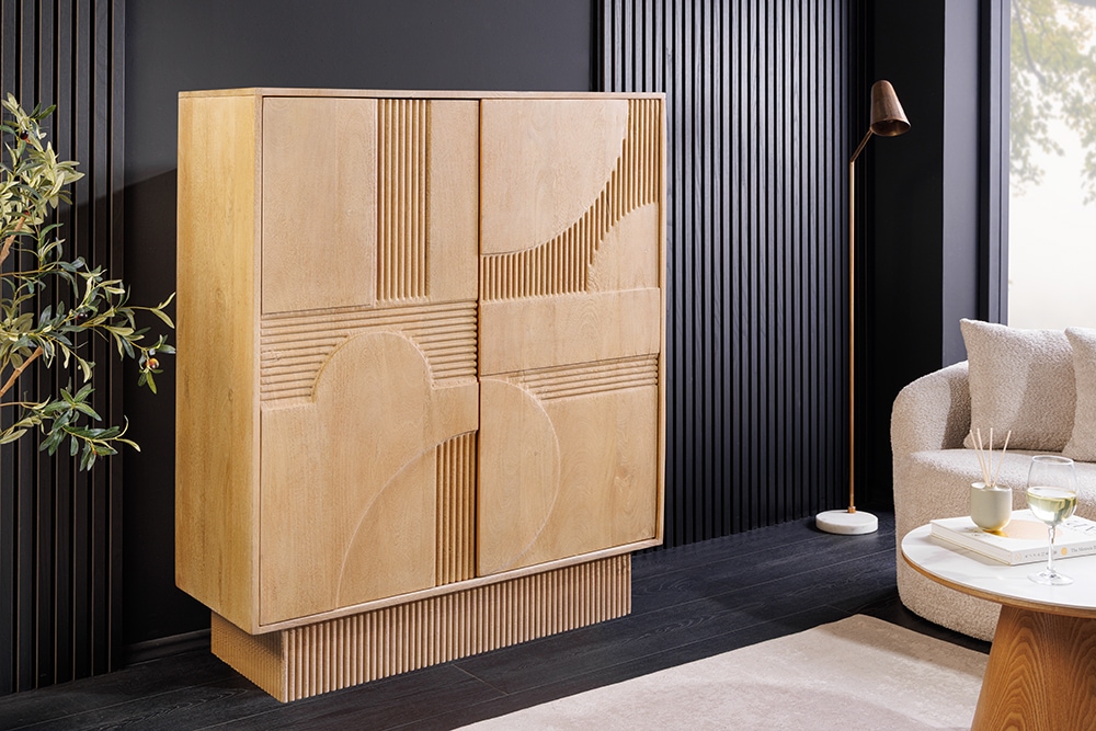 Design Highboard ART DECO 120cm weiß gekälkt Mangoholz massiv 3D Front