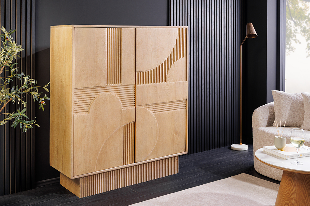 Design Highboard ART DECO 120cm weiß gekälkt Mangoholz massiv 3D Front Design Highboard ART DECO 120cm weiß gekälkt Mangoholz massiv 3D Front
