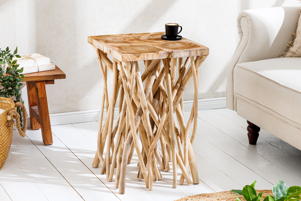 Massivholz Beistelltisch DRIFTWOOD 60cm natur Teak viereckig im Stelzen-Design